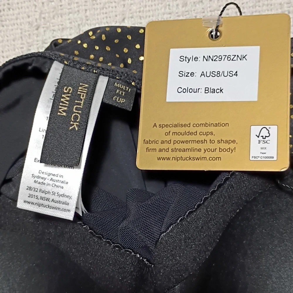 NWT Nip Tuck Swimsuit One Piece Black And Gold Multi Fit Cup Women's Size 4 - Picture 5 of 11